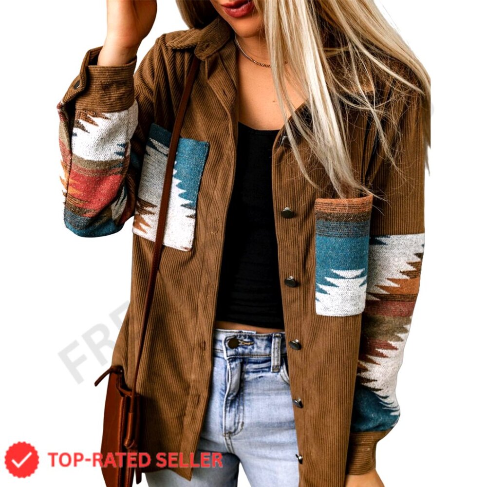 Corduroy Flannel Shacket Long Sleeve Button Down Aztec Print Loose Fit